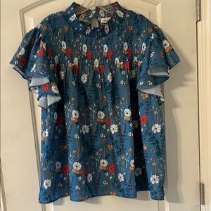 Boutique Floral Blue Blouse with Ruffled Sleeves